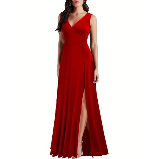 Kadın Askılı Kruvaze Yakalı Yırtmaçlı Geniş A Kesim Detaylı Uzun Ithal Krep Elbise , 31128