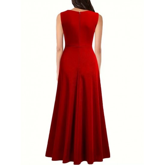 Kadın Askılı Kruvaze Yakalı Yırtmaçlı Geniş A Kesim Detaylı Uzun Ithal Krep Elbise , 31128