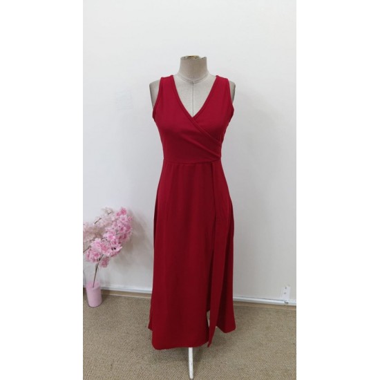 Kadın Askılı Kruvaze Yakalı Yırtmaçlı Geniş A Kesim Detaylı Uzun Ithal Krep Elbise , 31128