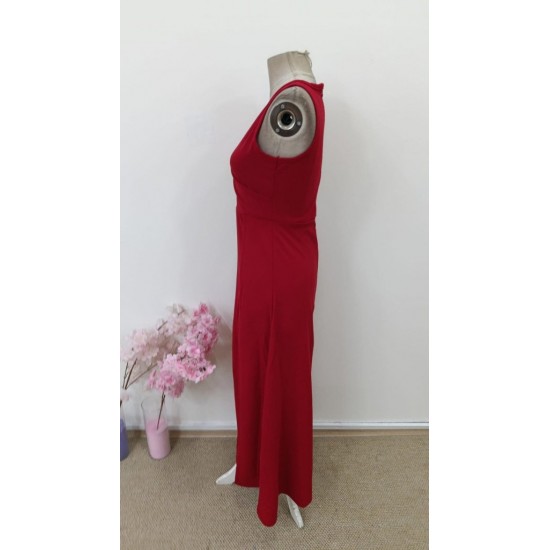 Kadın Askılı Kruvaze Yakalı Yırtmaçlı Geniş A Kesim Detaylı Uzun Ithal Krep Elbise , 31128