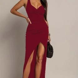 Kadın Askılı Kruvaze Yakalı önden Asimetrik Kesim Detaylı Uzun Ithal Elbise, 31125