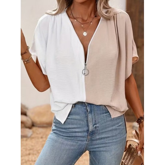 Kadın Kısa Kollu önden Fermuarlı Geniş Kesim Aerobin Bluz , 31122