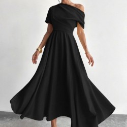 Kadın Omuzdan Açık Kısa Kollu Omuzdan Pileli Uzun Janjan Krep Elbise, 31121