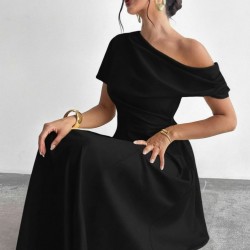 Kadın Omuzdan Açık Kısa Kollu Omuzdan Pileli Uzun Janjan Krep Elbise, 31121