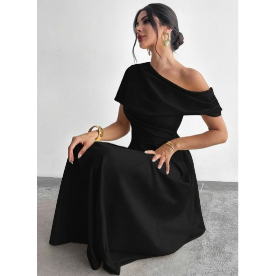 Kadın Omuzdan Açık Kısa Kollu Omuzdan Pileli Uzun Janjan Krep Elbise, 31121