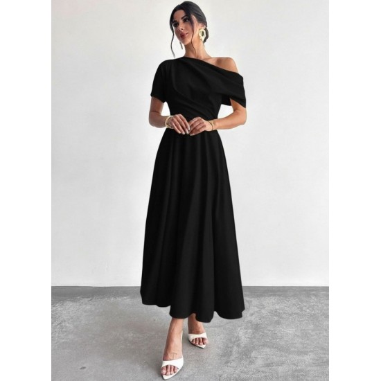 Kadın Omuzdan Açık Kısa Kollu Omuzdan Pileli Uzun Janjan Krep Elbise, 31121