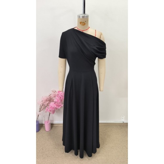 Kadın Omuzdan Açık Kısa Kollu Omuzdan Pileli Uzun Janjan Krep Elbise, 31121