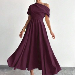 Kadın Omuzdan Açık Kısa Kollu Omuzdan Pileli Uzun Janjan Krep Elbise, 31120 Kadın Omuzdan Açık Kısa Kollu Omuzdan Pileli Uzun Janjan Krep Elbise, 31120