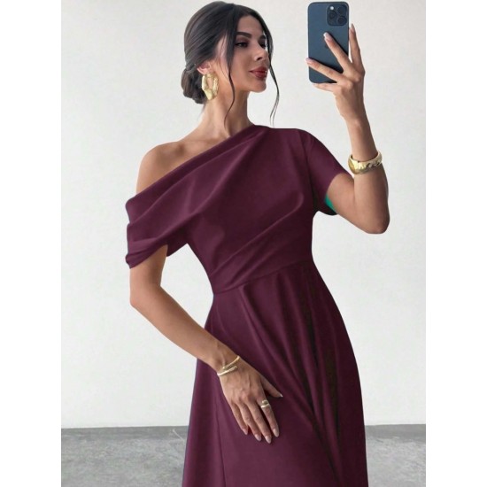 Kadın Omuzdan Açık Kısa Kollu Omuzdan Pileli Uzun Janjan Krep Elbise, 31120