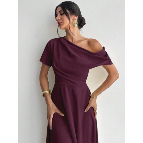 Kadın Omuzdan Açık Kısa Kollu Omuzdan Pileli Uzun Janjan Krep Elbise, 31120