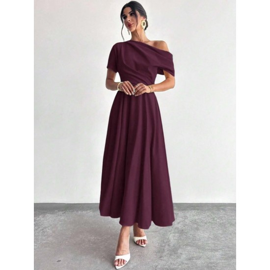 Kadın Omuzdan Açık Kısa Kollu Omuzdan Pileli Uzun Janjan Krep Elbise, 31120