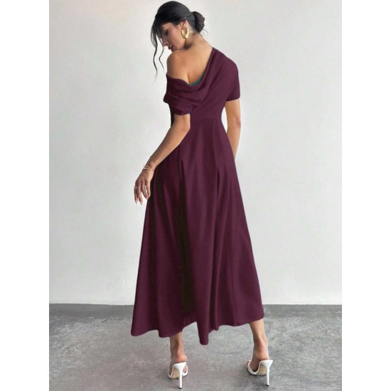 Kadın Omuzdan Açık Kısa Kollu Omuzdan Pileli Uzun Janjan Krep Elbise, 31120