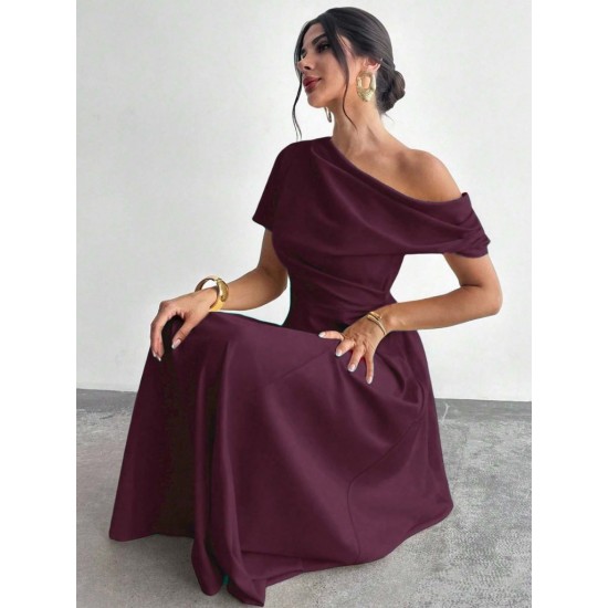 Kadın Omuzdan Açık Kısa Kollu Omuzdan Pileli Uzun Janjan Krep Elbise, 31120