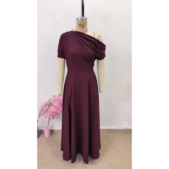 Kadın Omuzdan Açık Kısa Kollu Omuzdan Pileli Uzun Janjan Krep Elbise, 31120