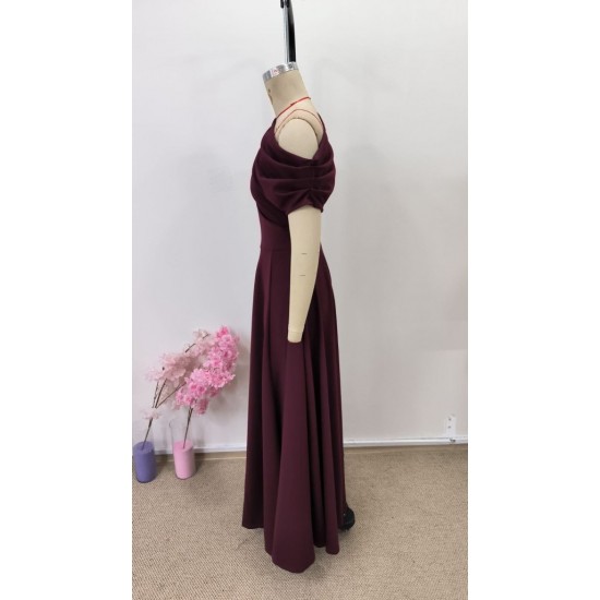 Kadın Omuzdan Açık Kısa Kollu Omuzdan Pileli Uzun Janjan Krep Elbise, 31120