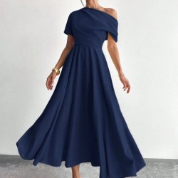 Kadın Omuzdan Açık Kısa Kollu Omuzdan Pileli Uzun Janjan Krep Elbise, 31119 Kadın Omuzdan Açık Kısa Kollu Omuzdan Pileli Uzun Janjan Krep Elbise, 31119