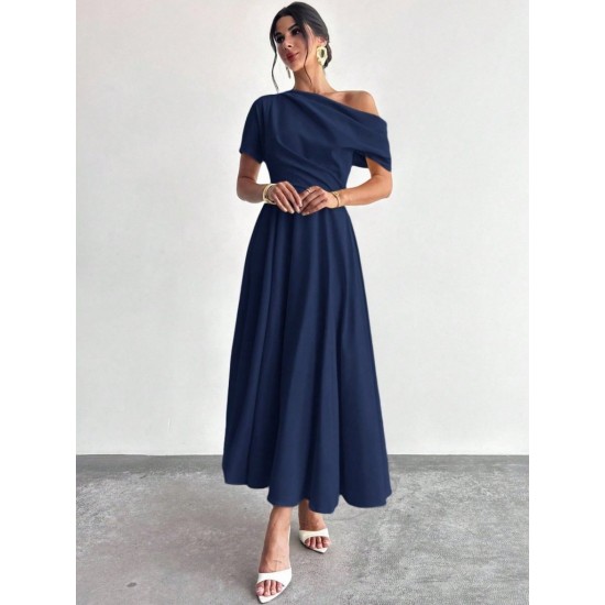 Kadın Omuzdan Açık Kısa Kollu Omuzdan Pileli Uzun Janjan Krep Elbise, 31119