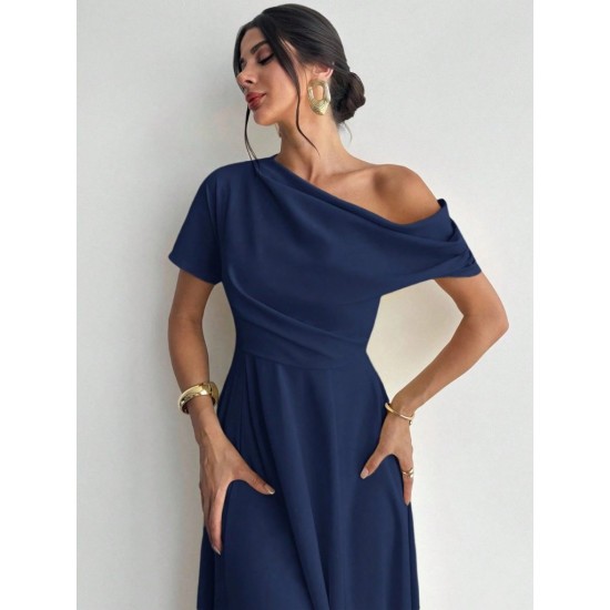 Kadın Omuzdan Açık Kısa Kollu Omuzdan Pileli Uzun Janjan Krep Elbise, 31119