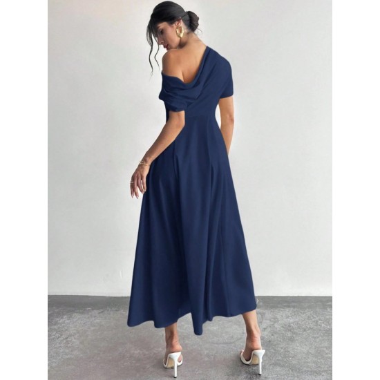 Kadın Omuzdan Açık Kısa Kollu Omuzdan Pileli Uzun Janjan Krep Elbise, 31119