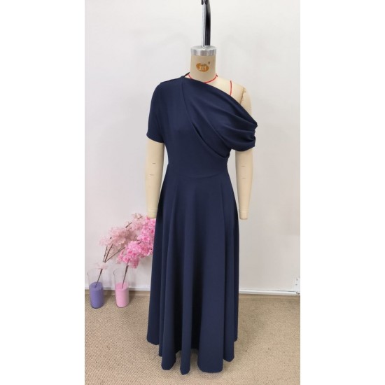 Kadın Omuzdan Açık Kısa Kollu Omuzdan Pileli Uzun Janjan Krep Elbise, 31119