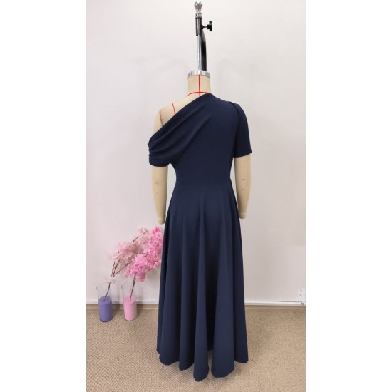 Kadın Omuzdan Açık Kısa Kollu Omuzdan Pileli Uzun Janjan Krep Elbise, 31119