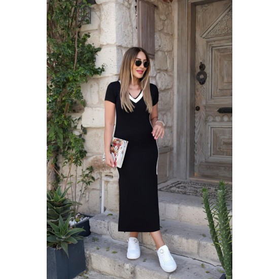 Kadın Kısa Kollu V Yakalı Yandan şerit Ve Yırtmaçlı Viskon Uzun Elbise, 31135