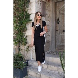 Kadın Kısa Kollu V Yakalı Yandan şerit Ve Yırtmaçlı Viskon Uzun Elbise, 31135
