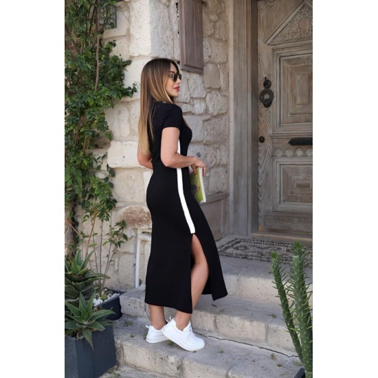 Kadın Kısa Kollu V Yakalı Yandan şerit Ve Yırtmaçlı Viskon Uzun Elbise, 31135