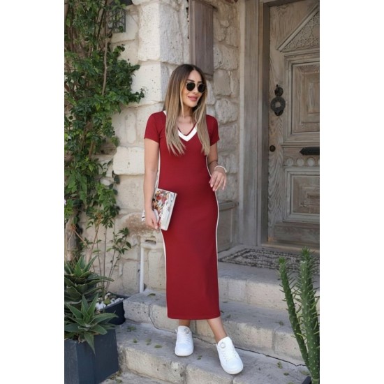 Kadın Kısa Kollu V Yakalı Yandan şerit Ve Yırtmaçlı Viskon Uzun Elbise, 31134