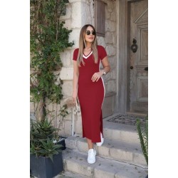 Kadın Kısa Kollu V Yakalı Yandan şerit Ve Yırtmaçlı Viskon Uzun Elbise, 31134