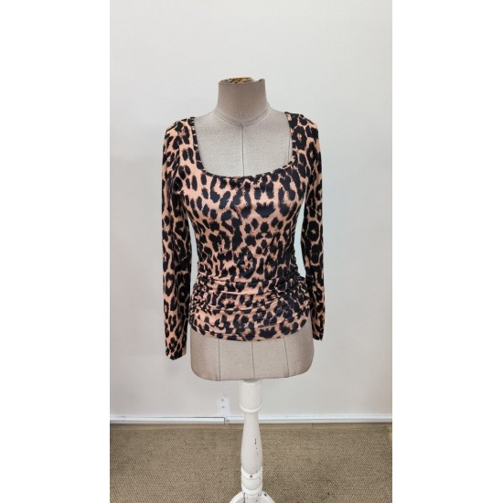 Kadın Uzun Kollu Kare Yakalı Leopar Desenli Dalgıç Bluz, 31152