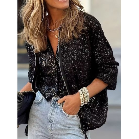 Kadın Uzun Kollu önü Fermuarlı Kısa Pulpayet Ceket, 31149