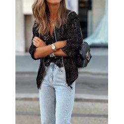 Women' S Long-sleeved, Front-zip Cropped Sequin Jacket, 31149