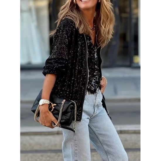 Kadın Uzun Kollu önü Fermuarlı Kısa Pulpayet Ceket, 31149