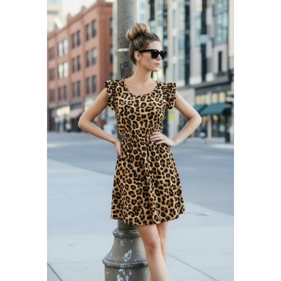 Kadın Kısa Fırfır Kollu Yakası Açık Leopar Desenli Kısa Kiloş Süprem Elbise, 31154 Kadın Kısa Fırfır Kollu Yakası Açık Leopar Desenli Kısa Kiloş Süprem Elbise, 31154