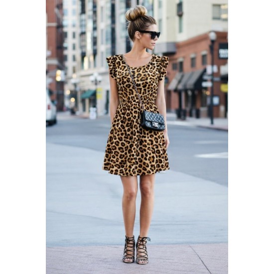Kadın Kısa Fırfır Kollu Yakası Açık Leopar Desenli Kısa Kiloş Süprem Elbise, 31154 Kadın Kısa Fırfır Kollu Yakası Açık Leopar Desenli Kısa Kiloş Süprem Elbise, 31154