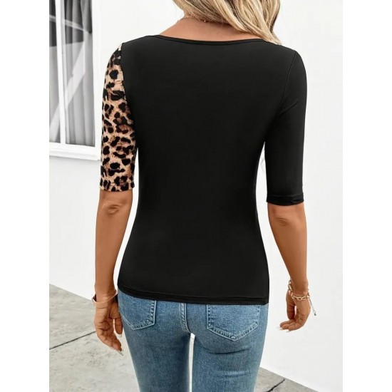 Kadın Kısa Kollu Asimetrik Kesim V Detaylı Leopar Desenli Viskon Bluz, 31153 Kadın Kısa Kollu Asimetrik Kesim V Detaylı Leopar Desenli Viskon Bluz, 31153