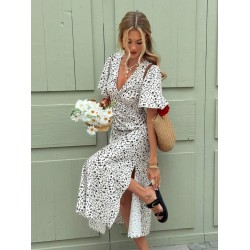 Kadın Kısa Kollu V Yakalı Yandan Yırtmaçlı çiçek Desenli Midi Süprem Elbise, 31157