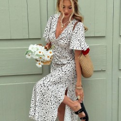 Kadın Kısa Kollu V Yakalı Yandan Yırtmaçlı çiçek Desenli Midi Süprem Elbise, 31157