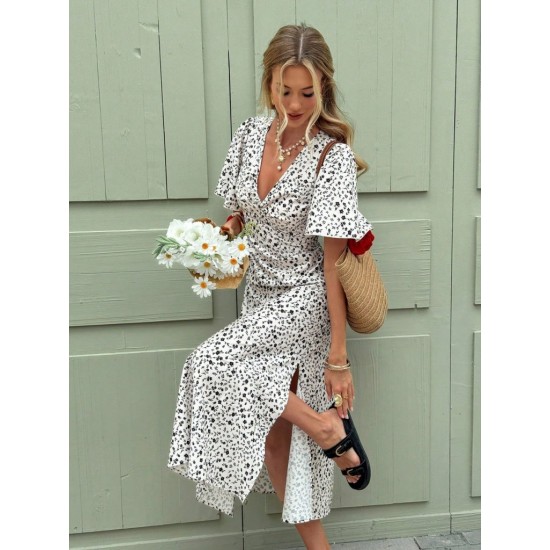 Kadın Kısa Kollu V Yakalı Yandan Yırtmaçlı çiçek Desenli Midi Süprem Elbise, 31157