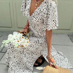 Kadın Kısa Kollu V Yakalı Yandan Yırtmaçlı çiçek Desenli Midi Süprem Elbise, 31157