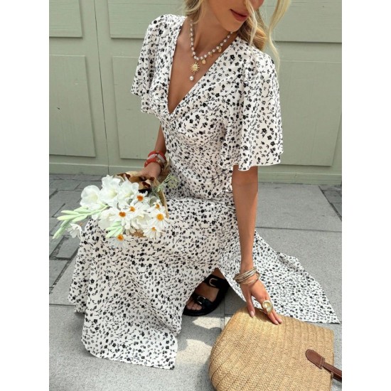 Kadın Kısa Kollu V Yakalı Yandan Yırtmaçlı çiçek Desenli Midi Süprem Elbise, 31157