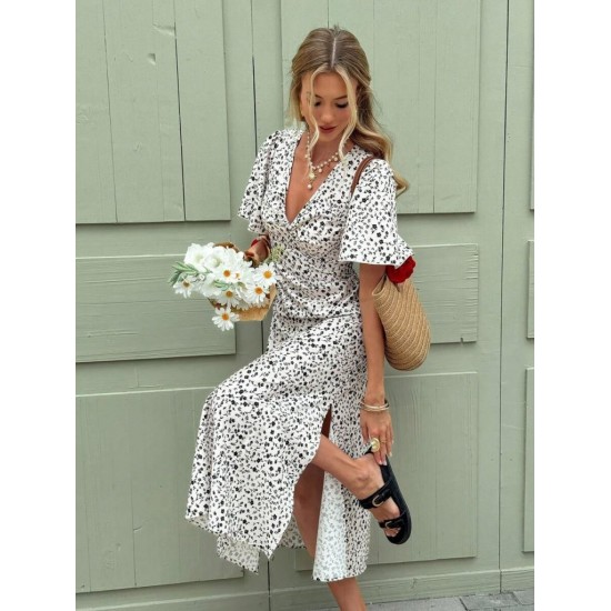 Kadın Kısa Kollu V Yakalı Yandan Yırtmaçlı çiçek Desenli Midi Süprem Elbise, 31157