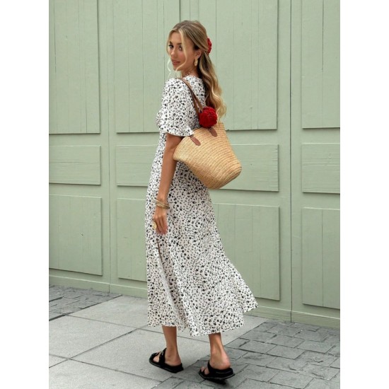 Kadın Kısa Kollu V Yakalı Yandan Yırtmaçlı çiçek Desenli Midi Süprem Elbise, 31157