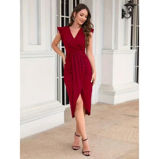 Kadın Kısa Fırfır Kollu Kruvaze Yakalı önden çapraz Detaylı Midi Janjan Krep Elbise , 31163