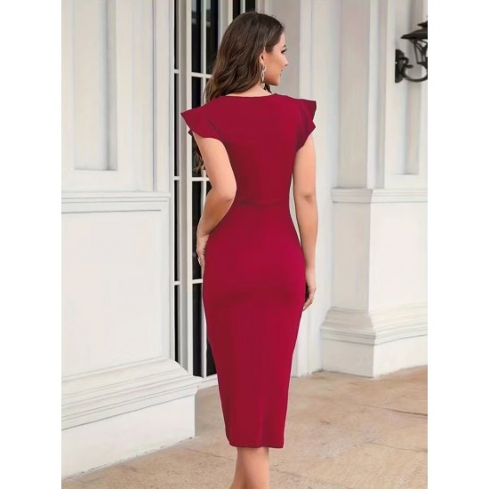 Kadın Kısa Fırfır Kollu Kruvaze Yakalı önden çapraz Detaylı Midi Janjan Krep Elbise , 31163