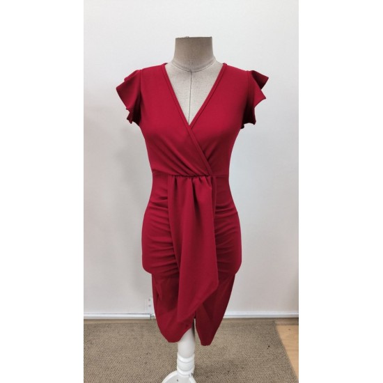 Kadın Kısa Fırfır Kollu Kruvaze Yakalı önden çapraz Detaylı Midi Janjan Krep Elbise , 31163