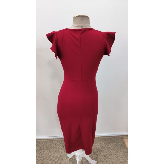 Kadın Kısa Fırfır Kollu Kruvaze Yakalı önden çapraz Detaylı Midi Janjan Krep Elbise , 31163