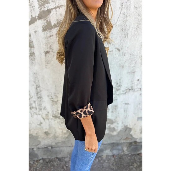 Kadın Uzun Kollu Yakalı önü Açık Leopar Desen Detaylı Astarlı Atlas Ceket, 31162