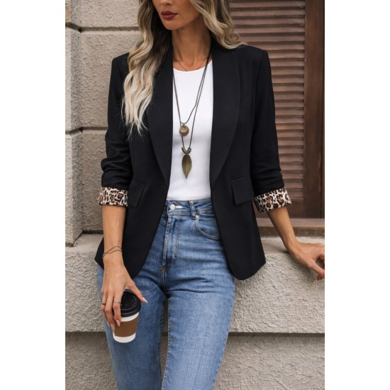 Kadın Uzun Kollu Yakalı önü Açık Leopar Desen Detaylı Astarlı Atlas Ceket, 31162